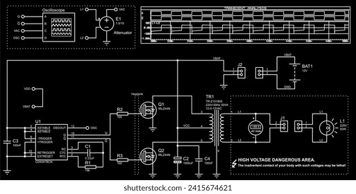 Vector drawing of electrical circuit with oscilloscope, voltmeter,
transformer, incandescent lamp and other electronic components. 
Time diagrams
of circuit signals. Transient analysis.
