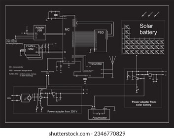 Vector drawing of the electrical functional circuit
of an electronic device operating under the control
of a microcontroller. The device is powered
by a solar battery. Alternative energy source.