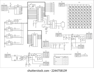 Vector drawing of an electrical schematic
diagram of an electronic device, operating under the control
of a microcontroller. The device is powered
by a solar battery. Alternative energy source.