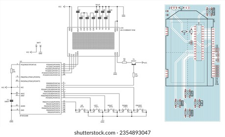 Vector drawing of the electrical schematic diagram 
and a printed circuit board 
of an electronic device with a microcontroller 
and a graphic display. Engineering technical project.