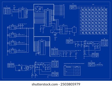 Vector drawing of an electrical schematic
diagram of an electronic device, operating under the control
of a microcontroller. The device is powered
by a solar battery. Alternative energy source.