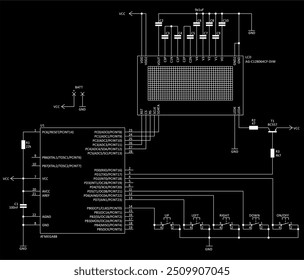 Vector drawing of the electrical schematic diagram 
of an electronic device with a microcontroller 
and a graphic display. Engineering technical project.