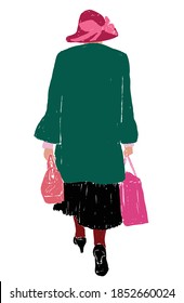 Vector drawing of elegant elderly woman in hat  walking along street