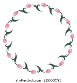 Dibujo vectorial de una flor elegante con tulipanes rosados florecientes. Hermosa y minimalista ilustración del marco floral en estilo plano para primavera, boda, compromiso, Día de San Valentín, cumpleaños.