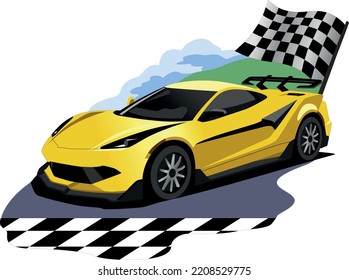 Dibujo vectorial de un súper auto deportivo amarillo de élite moderno con un spoiler bajo la bandera de acabado de las carreras de autos.