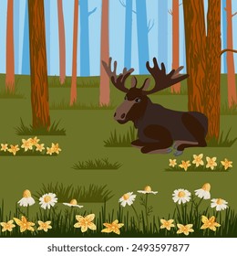 vector drawing elk,pine trees and green grass, hand drawn animal at forest background , cartoon style illustration