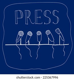vector drawing emblem press conference, a number of microphones, press