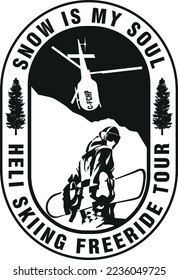 Vektorgrafik des Emblems eines Snowboarders auf dem Hintergrund eines Berges mit einem fliegenden Hubschrauber.