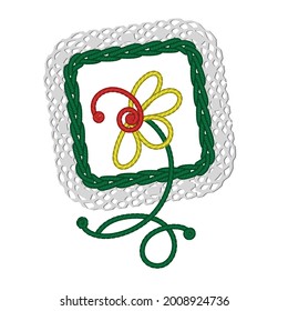Vector drawing of an embroidered flower in a frame. Stylization of pigtail sewing.Green, yellow, red colors. Lace in a frame. Embroidery for children. Print on clothes, toys and dishes.