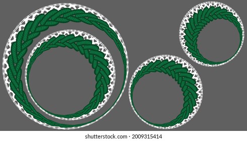 Dibujo vectorial de bordado y encaje. Enciende en un marco redondo. Estilización de los pigtails de coser.Colores verdes y blancos. Bordados para niños. Impresión en ropa, juguetes y platos. Plantilla para una postal
