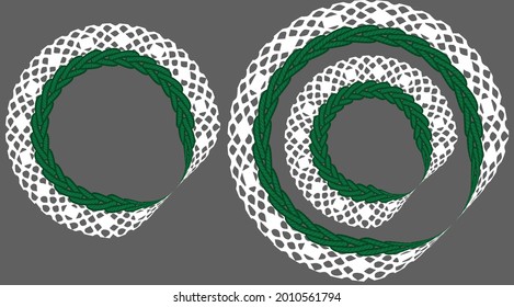 Dibujo vectorial de bordado y encaje. Enciende en un marco redondo. Estilización de los pigtails de coser.Colores verdes y blancos. Bordados para niños. Impresión en ropa, juguetes y platos. Plantilla para una postal
