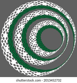 Vector drawing of embroidery and lace. Lace in a round frame. Stylization of sewing pigtails.Green, white colors. Embroidery for children. Printing on clothes, toys and dishes. Template for a postcard