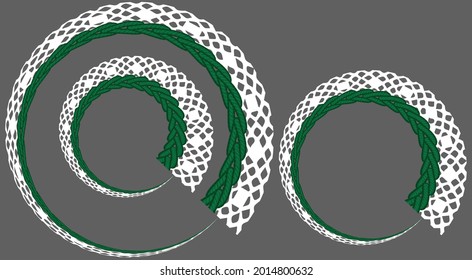 Vektorgrafik von Stickereien und Spitzen. Spitzen in einem runden Rahmen. Stilisierung der Nähpigtails. Grüne, weiße Farben. Stickerei für Kinder. Druck auf Kleidung, Spielzeug und Geschirr. Vorlage für eine Postkarte