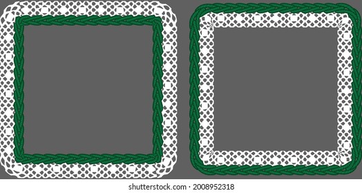 Dibujo vectorial de bordado y encaje. Enciende en un marco cuadrado. Estilización de la costura de cola de cerdo.Colores verdes y blancos. Bordados para niños. Impresión sobre ropa, juguetes y platos. Plantilla para una postal.