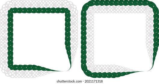 Vector drawing of embroidery and lace. Lace in a square frame. Stylization of pigtail sewing.Green, white colors. Embroidery for children. Print on clothes, toys and dishes. Template for a postcard.