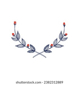 vector drawing in embroidery style lines of flower branches in navy and red colors with white background