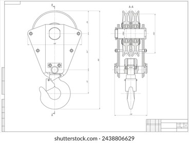 Vector drawing of engineering technical outboard excavator
hook. The design of mechanical part of construction
machine with dimension lines. Cad schematic diagram. 
Hook suspension. Assembly drawing.