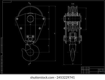 Vector drawing of engineering technical outboard excavator
hook. The design of mechanical part of construction
machine with dimension lines. Cad schematic diagram. 
Hook suspension. Assembly drawing.