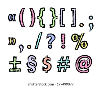 Vector drawing of english alphabet. Letters of the alphabet and punctuation mark written with a dry brush.