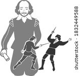 vector drawing of an English playwright and his characters on stage