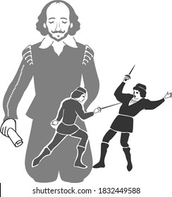 vector drawing of an English playwright and his characters on stage