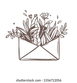 Vector drawing envelope with flowers, plants and growing blooming foliage. Love letter creative hand drawn concept. Logo, emblem or label for your card, wedding invitation or valentine greeting