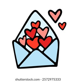 Vector drawing of an envelope with hearts. Love message. Element for Valentine's Day. Design of wedding decorations, cards