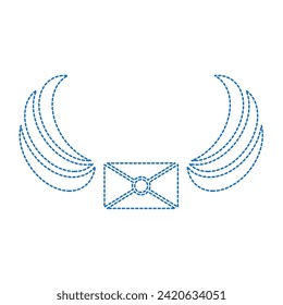 Vector drawing of an envelope with wings, dotted line color blue flat style