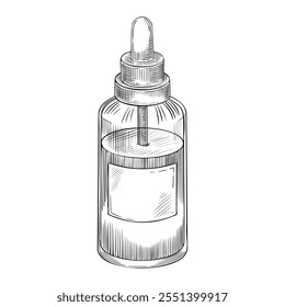 Dibujo de Vector de una botella de aceite esencial con gotero. Ilustración lineal de frasco de vidrio con líquido pintado con tintas negras para aromaterapia o medicina herbaria. Aguafuerte de contorno para el diseño boticario.