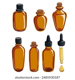 Vector que dibuja botellas de vidrio de aceite esencial aisladas en el fondo blanco, ilustración dibujada a mano
