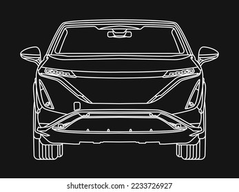 Vector drawing of an EV vehicle. Black and white vector, Nissan Ariya. Front view.