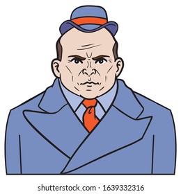 Vector drawing of an evil-eyed gangster boss with a hat and blue suit with a red tie. mafia, avatar, illustration, comic.