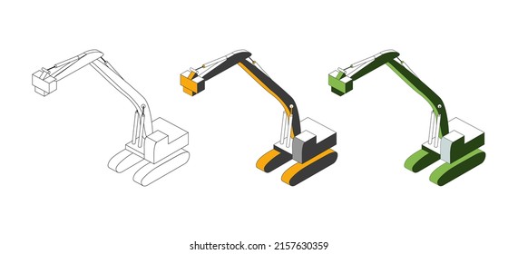 Vector drawing of an Excavator Mounted Vibratory Pile Driver. A set of white, yellow, green construction vehicles in isometry.