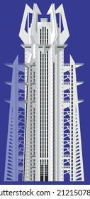 Vector drawing of the facade of a multi-storey fantasy tower in art deco style 