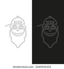 Vector drawing face with a beard in glasses and a cap, dotted line color black and white