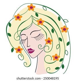 Vector drawing of the face of a girl with a flower in her hair