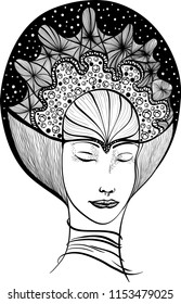Vector drawing. The face of a girl with her eyes closed in the crown. Fashion and beauty. Use printed materials, signs, items, websites, maps, posters, postcards, packaging.