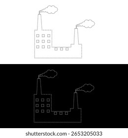 Vector drawing factory, two smoking chimneys, dotted line color black and white flat style