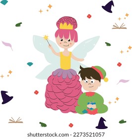 vector drawing of fairy, gnome, and in the background crown, diamond, witch hat, flower, book, magic, frog, feather