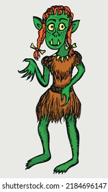 Vector drawing of fairy tale funny green female character