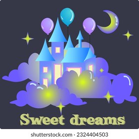 Vector drawing. Fairytale castle in the clouds