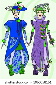 Vector drawing of a fairy-tale character's costume. Women's costume, fashion. illustration, drawing of a character from a fairy tale.