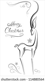 Vector drawing of fallow deer on white background. Marry christmas.