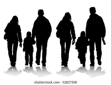 Vector drawing families with a child for a walk