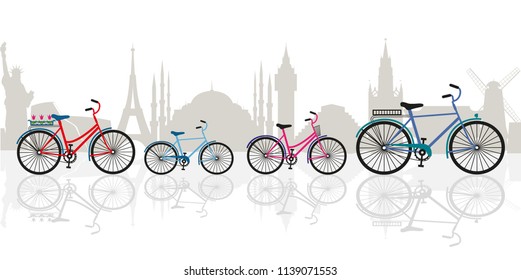 Vector drawing of family bicycles on a background of world landmarks.