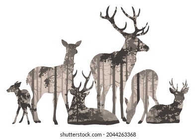 Vector drawing of a family of deer. Inside there is a pine forest in neutral light colors. 