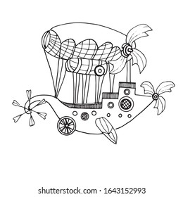 Vector drawing of a fantastic airship. Illustration of A flying machine in the steampunk style. Hand-drawn. Isolated on a white background. Coloring page for children and adults.