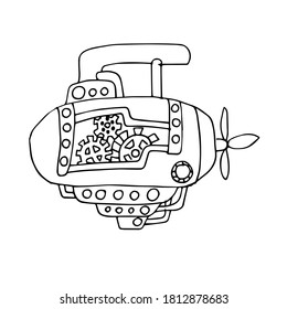 Vector drawing of a fantastic airship. Illustration of A flying machine in the steampunk style. Hand-drawn. Isolated on a white background. Coloring page for children and adults.