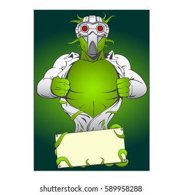 Vector drawing of a fantastic color mutant superhero in a gas mask. Done in the style of comics.