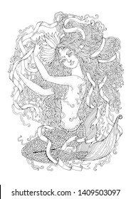 Vector drawing fantastic sea mermaid sitting with wavy developing hair and long tangled ribbon. 
Ornamental decorated graphic Coloring page sea nymph. Design card, print on t-shirt on white back.
